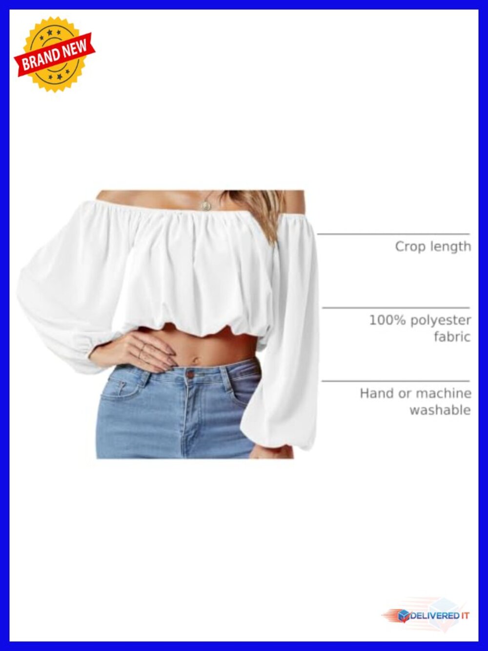 Off Shoulder Crop Top Ruched Puff Long Sleeve Blouse - Picture 3 of 6